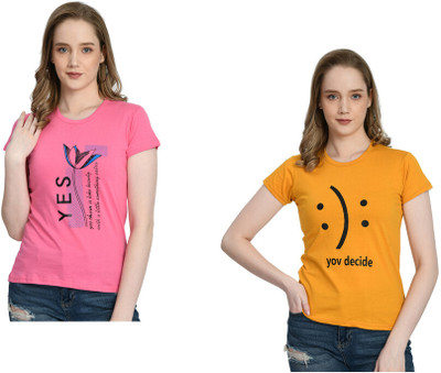IndiWeaves Printed Women Round Neck Pink, Yellow T-Shirt