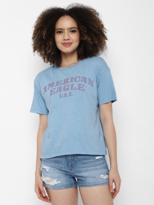 American Eagle Outfitters Printed Women Round Neck Blue T-Shirt