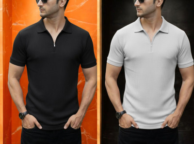 DSV Self Design Men Zip Neck Black, White T-Shirt