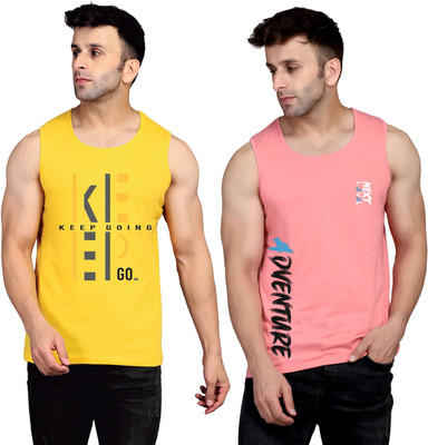 SLOWLORIS Printed Men Round Neck Yellow, Pink T-Shirt