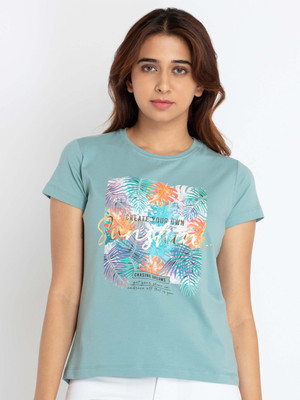 Status Quo Printed, Typography Women Round Neck Blue T-Shirt