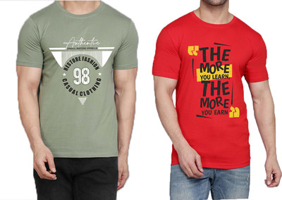 WOOSTRO Printed Men Round Neck Light Green, Red T-Shirt