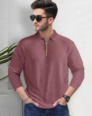 METRONAUT Self Design Men Polo Neck Pink T-Shirt