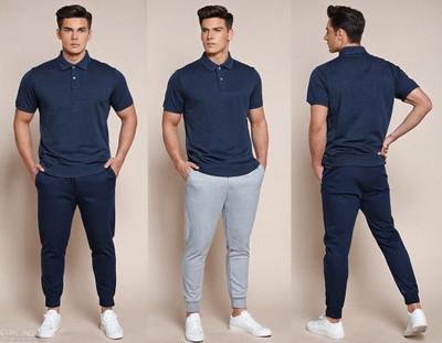 RR Solid Men Polo Neck Navy Blue T-Shirt