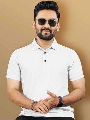 LumBit Solid Men Polo Neck White T-Shirt