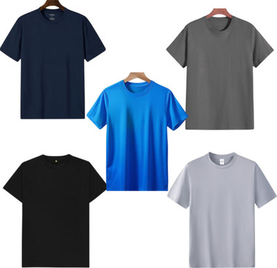 TTFE Solid Men Round Neck Navy Blue, Blue, Grey, Silver, Black T-Shirt