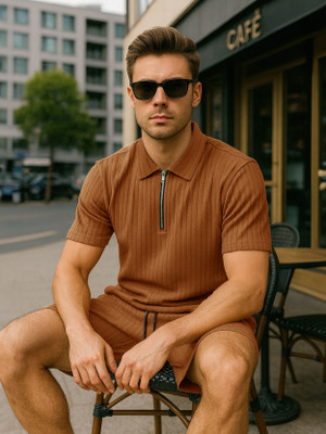 EyeBogler Self Design Men Zip Neck Brown T-Shirt