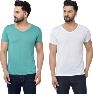 Tresna Trending Solid Men V Neck White, Light Green T-Shirt