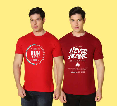 WOOSTRO Printed Men Round Neck Red, Maroon T-Shirt