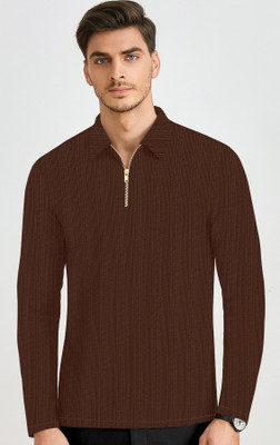 KAJARU Self Design Men Zip Neck Brown T-Shirt
