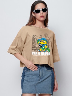 BEWAKOOF Graphic Print Women Round Neck Brown T-Shirt