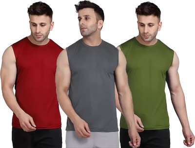 Think Tech Solid Men Round Neck Maroon, Grey, Dark Green T-Shirt