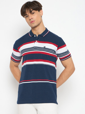 DUKE Striped Men Polo Neck Blue T-Shirt