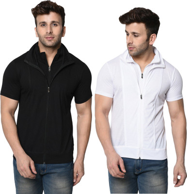 JB Jagoboy Self Design, Solid Men High Neck White, Black T-Shirt
