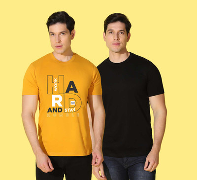 WOOSTRO Typography, Solid Men Round Neck Black, Yellow T-Shirt