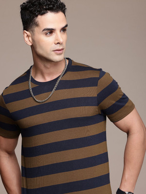 Roadster Striped Men Round Neck Brown T-Shirt