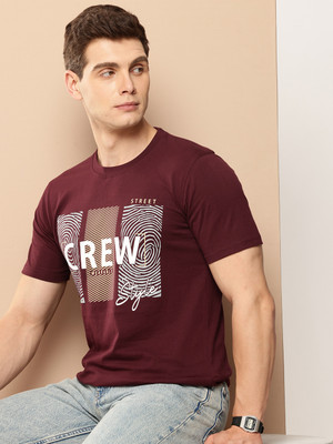 FROSEN FOX Printed Men Round Neck Maroon T-Shirt