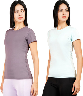 Kyk Solid Women Round Neck Grey, Light Blue T-Shirt