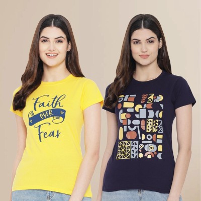 Fabflee Printed Women Round Neck Yellow, Navy Blue T-Shirt