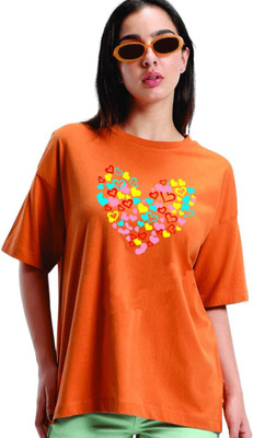 V-Mens Printed Women Round Neck Orange T-Shirt