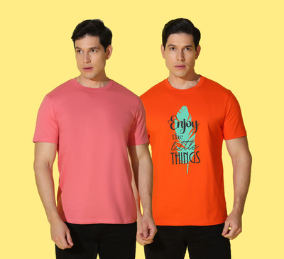 WOOSTRO Typography Men Round Neck Orange, Pink T-Shirt