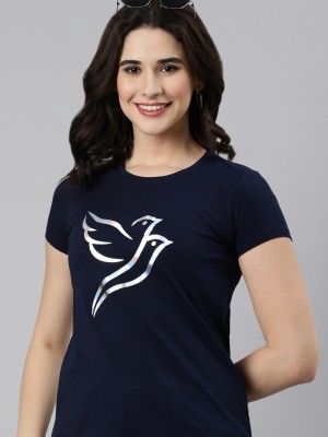 TWIN BIRDS Printed Women Round Neck Blue T-Shirt