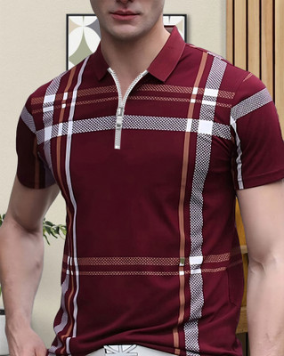 AUSK Checkered Men Polo Neck Maroon, White, Grey T-Shirt