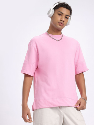 Glitchez Solid Men Round Neck Pink T-Shirt
