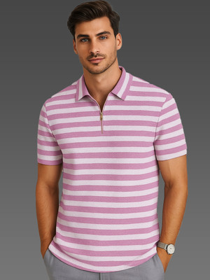 HADAR Striped Men Polo Neck Pink T-Shirt