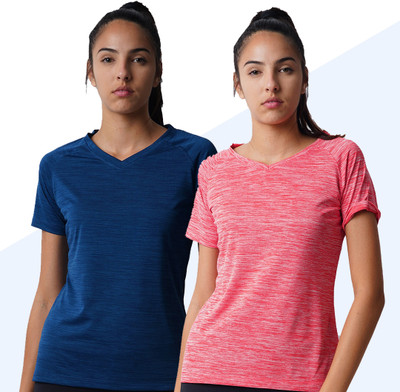 Pranera Printed Women V Neck Blue, Red T-Shirt
