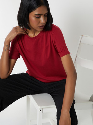 MAX Solid Women Round Neck Red T-Shirt