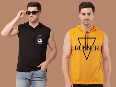 Mundali Printed Men Hooded Neck Black, Yellow T-Shirt