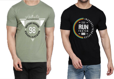WOOSTRO Printed Men Round Neck Light Green, Black T-Shirt