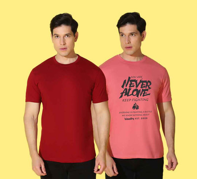 WOOSTRO Solid, Printed Men Round Neck Maroon, Pink T-Shirt