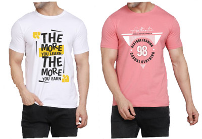 WOOSTRO Printed Men Round Neck White, Pink T-Shirt