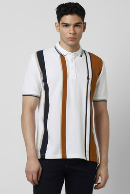 VAN HEUSEN Striped Men Polo Neck White T-Shirt