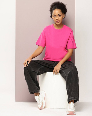 KOTTY Solid Women Scoop Neck Pink T-Shirt