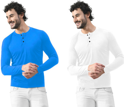 GEUM Solid Men Henley Neck Dark Blue, White T-Shirt
