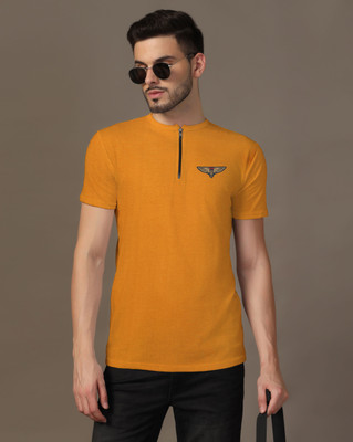 Lawful Casual Printed Men Mandarin Collar Gold T-Shirt