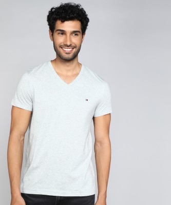 TOMMY HILFIGER Solid Men V Neck Grey T-Shirt