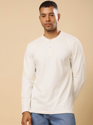 Stylox Solid Men Henley Neck White T-Shirt