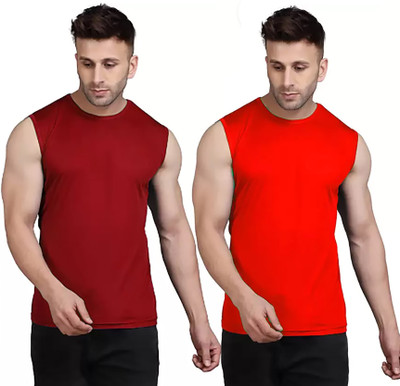 MR THINK Solid Men Round Neck Maroon, Red T-Shirt