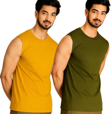 Moordale Solid Men Round Neck Yellow, Dark Green T-Shirt