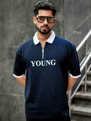 MANIAC Printed Men Polo Neck Dark Blue T-Shirt