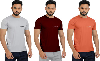 INDICLUB Solid Men Round Neck Silver, Maroon, Orange T-Shirt