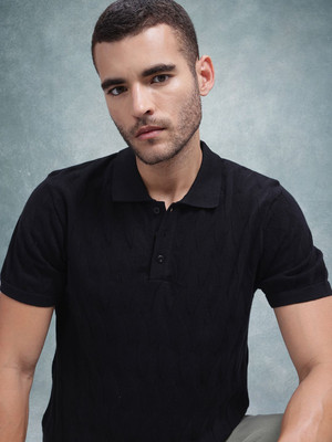 Roadster Self Design Men Polo Neck Black T-Shirt