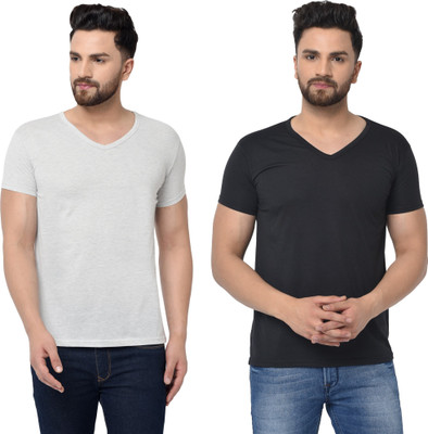 Tresna Trending Solid Men V Neck Black, Grey T-Shirt