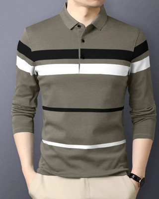 EyeBogler Striped Men Polo Neck Black T-Shirt