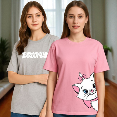 Elvia Printed Women Round Neck Pink, Grey T-Shirt