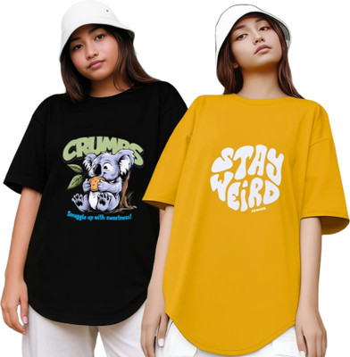R S Fashion Printed Women Round Neck Black, Yellow T-Shirt